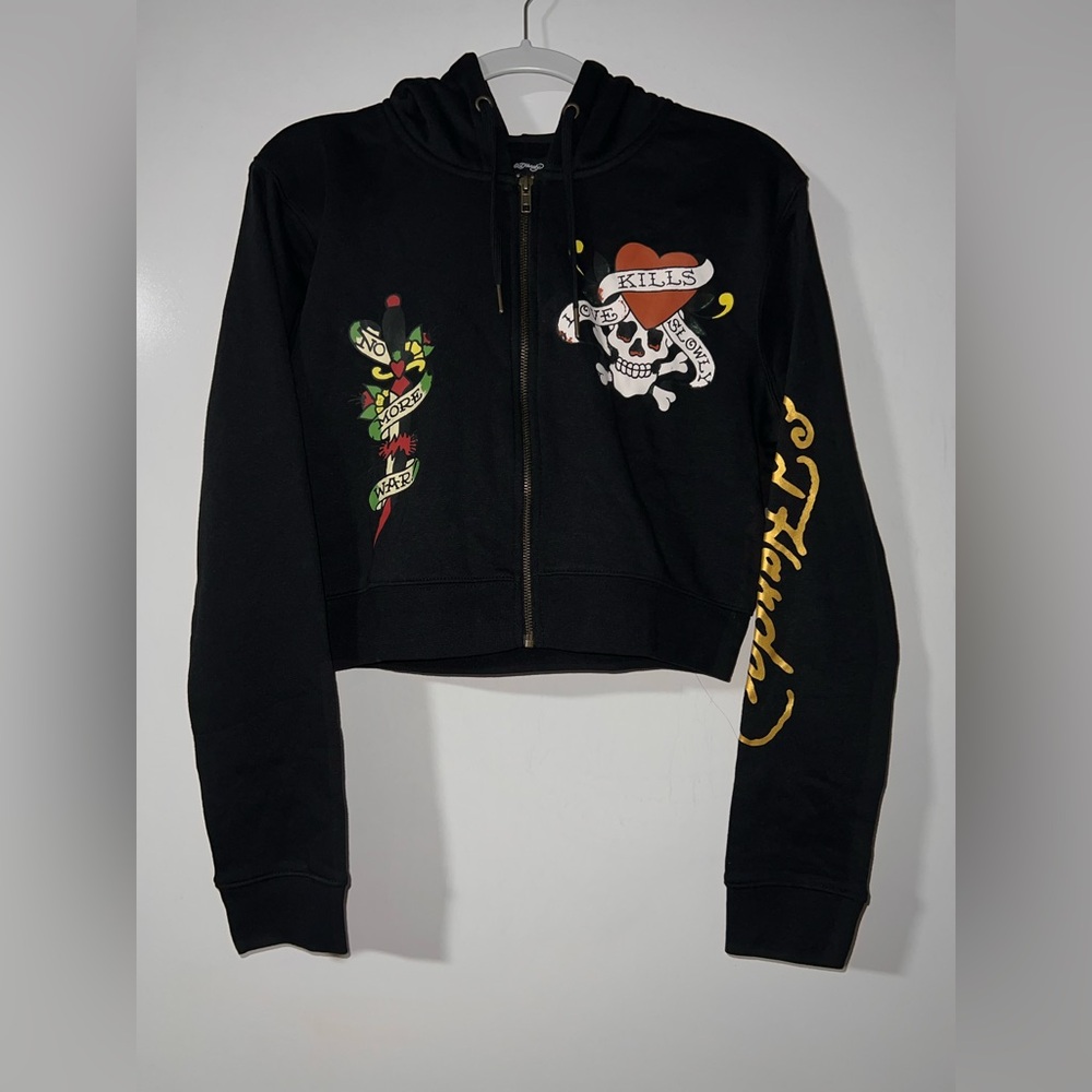 Ed Hardy Women’s Cropped Zip Hoodie, Sz XL, Black, Skull Love Kills Slowly, NWT